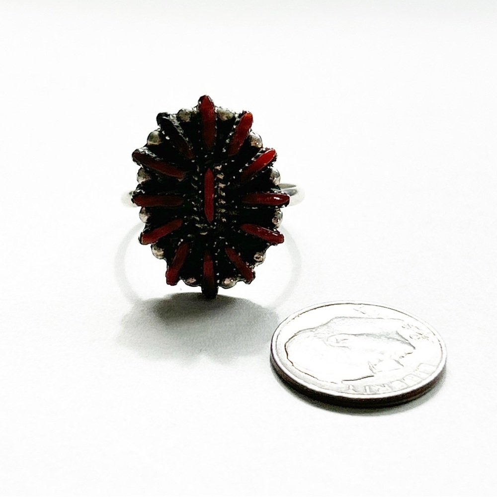 Vintage Southwestern Red Coral Needlepoint Cluster Sterling Silver Ring - Picture 8 of 11